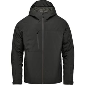 A green thermal shell jacket featuring a hood and zippered pockets, with a branding logo.
