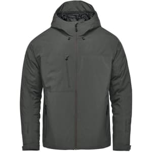 A grey-green thermal shell jacket with a hood, featuring zippered pockets and a logo.