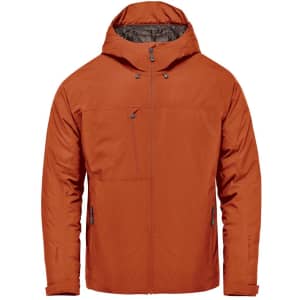 A men's thermal shell jacket in orange, featuring a zip front, hood, and various pockets. It has a logo.
