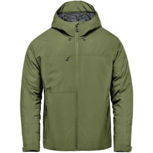 A green Men's Nostromo Thermal Shell jacket with a hood and a zip front, featuring a subtle logo on the sleeve.
