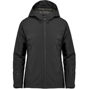 A black women's thermal shell jacket with a hood and zip closure, featuring pockets and a logo.