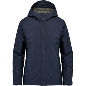 A navy thermal shell jacket with a hood and a logo on the sleeve. Features a front zip and zippered pockets.