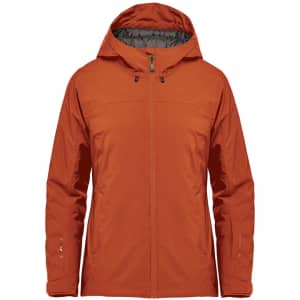 A women's jacket in burnt orange with a zip-up front and hood, featuring logo branding.