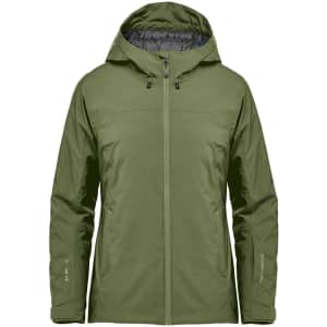 A green thermal shell jacket with a hood and zippers, featuring a logo on the sleeve.