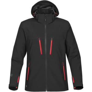 A black softshell jacket with red zippers and a hood, featuring two front pockets and a logo.