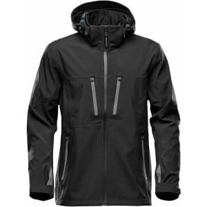 A black men's softshell jacket featuring a hood and zippered pockets. The jacket includes branding.