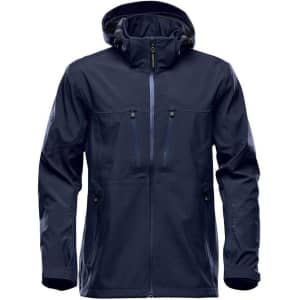 A navy blue men's softshell jacket with a hood and multiple zippered pockets. Features a logo on the sleeve.