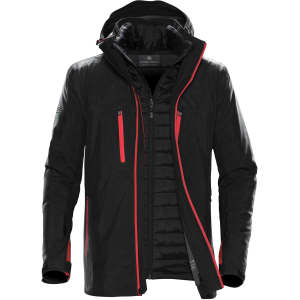 A black men's jacket with red accents and a hood, featuring zippered pockets and a logo.