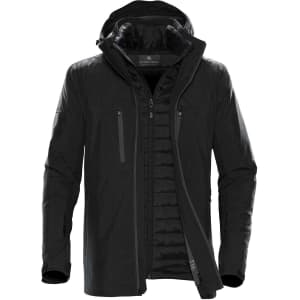 A black men's jacket with a zip front, adjustable hood, and multiple zipped pockets, featuring a logo.