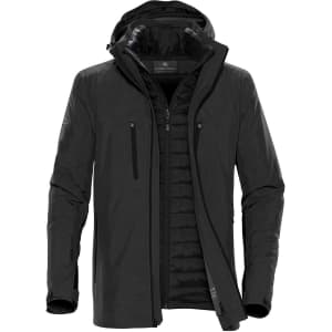 A black men's jacket with a hood and multiple zippered pockets, featuring a logo on the sleeve.