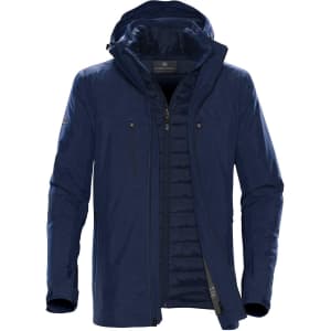 A navy Men's Matrix System Jacket with a hood and multiple zippered pockets, featuring a logo on the sleeve.