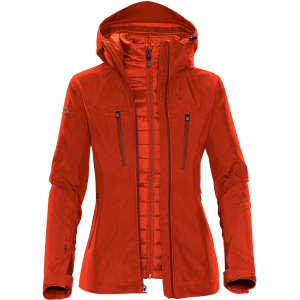 A women's jacket in bright red with a hood, featuring zippered pockets and a logo.