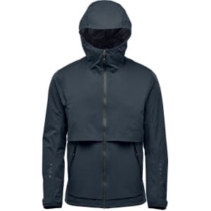 A dark grey, hooded men's rain jacket featuring a zipped front and a cropped design, with a logo present.