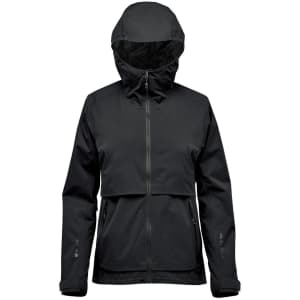 A women's black technical rain jacket with a hood, featuring zippered front and side pockets and a logo.