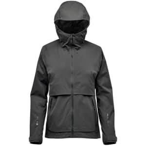 A women's rain jacket in dark grey with a hood and a branded logo on the front.