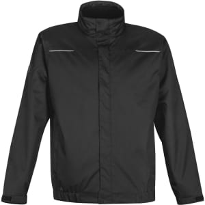 A black Men's Polar HD 3-In-1 Jacket with a high collar and reflective detailing, featuring a logo on the sleeve.