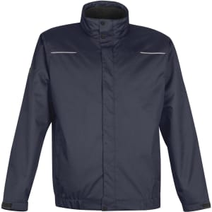 A navy blue men's jacket with a high collar and reflective detailing, featuring a logo on the sleeve.