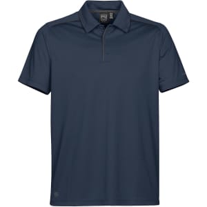 A navy blue men's polo shirt with a collar and short sleeves, featuring a logo on the front.