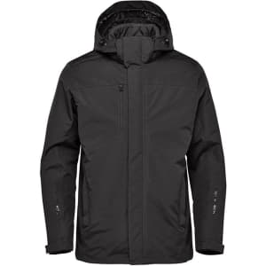 A black men's jacket with a hood, featuring a front zip and zippered pockets, and includes a logo.