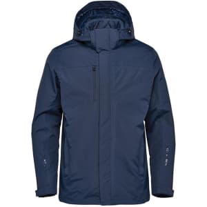 A navy blue jacket with a hood, featuring a zippered front and a logo on the sleeve.