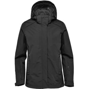 A black women's jacket featuring a hood and a sleek design, with a logo on the material.