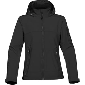 A women's softshell jacket in black, featuring a hood, zippered pockets, and a logo on the sleeve.