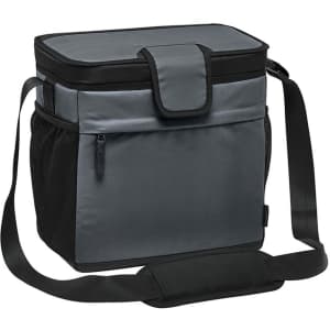 A cooler bag in grey with a secure flap, adjustable shoulder strap, and mesh side pockets. Features a logo.