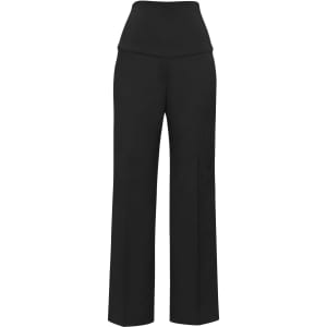 Black maternity pants featuring a comfortable, stretchy waistband and a straight-leg design. Includes a branding logo.