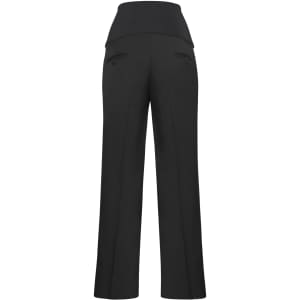 A pair of black maternity pants with a wide waistband and back pockets, featuring a sleek design.