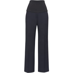 A pair of navy maternity pants with a black waistband and straight leg design. Features a discreet logo.