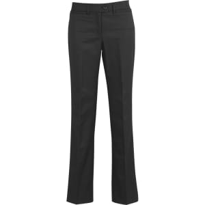 A pair of black relaxed stretch pants with a straight leg design, featuring a button closure and waistband.