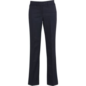 A pair of black relaxed fit women's slacks featuring a button closure and a sleek design.
