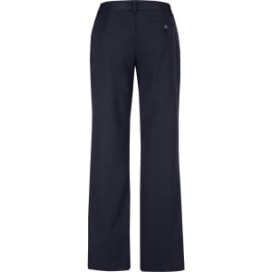 A pair of women's relaxed fit slacks in navy blue, featuring a back pocket and a logo.