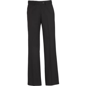 A pair of black women's slacks with an adjustable waist and straight leg design. Features a button closure and belt loops.