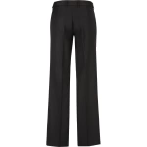 A pair of black women's slacks featuring an adjustable waist and a straight-leg design, with a logo on the waistband.