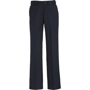 A pair of women's slacks in dark navy, featuring an adjustable waist and a straight-leg design.