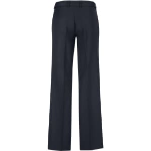 A pair of navy women's slacks with an adjustable waist, featuring a straight leg design and a logo on the waistband.