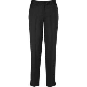 A pair of women's slim leg pants in black, featuring a flat front and a button closure, with a branded logo.