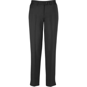 A pair of women's slim leg pants in black, featuring a tailored design and a button closure.