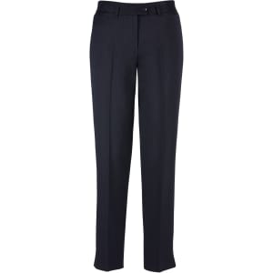 Cool stretch slim leg pant in dark navy, featuring a classic design with front pleats and a button closure.