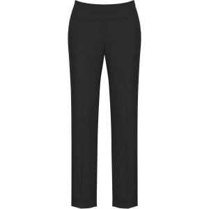 A pair of black slim leg pants with a bandless waist and front pockets, featuring a logo.
