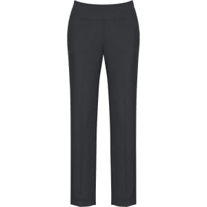 Women's slim leg pants in dark grey with a bandless design, featuring front pockets and a smooth finish. Brand logo present.