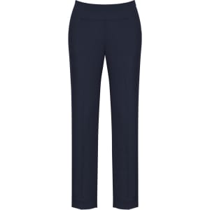 A pair of women's slim leg pants in navy blue, featuring a bandless design and a sleek, minimalistic look.