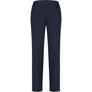 Navy women's slim leg pants with a smooth finish and a single back pocket. Features a bandless design.