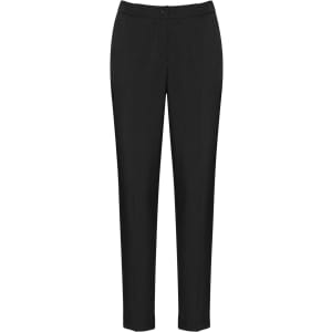 Black women's slacks with a comfortable waistband and tapered leg design. Features a logo on the waistband.