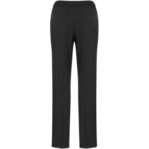 A pair of women's black stretch pants with an elasticised waist and a straight-leg design.