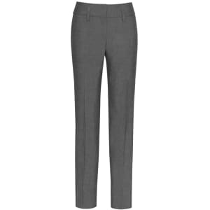 A pair of grey women's slacks with a contour waist band and a tailored fit. The pants feature a logo.