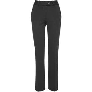 Tapered leg women's pants in dark grey, featuring a button closure and pockets. Includes a logo.