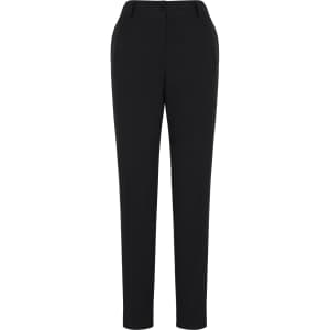 A pair of black women's slacks with a bandless elastic waist and side pockets, featuring a logo.