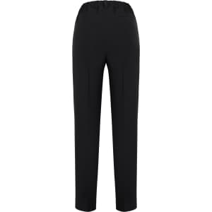 A pair of women's black bandless pants with an elastic waist and a sleek design from the back view.